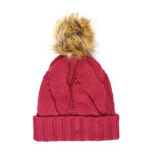 NWT Polo Ralph Lauren Cable Knit Beanie with Faux Fur Pom & Pony Logo, Wine, OS